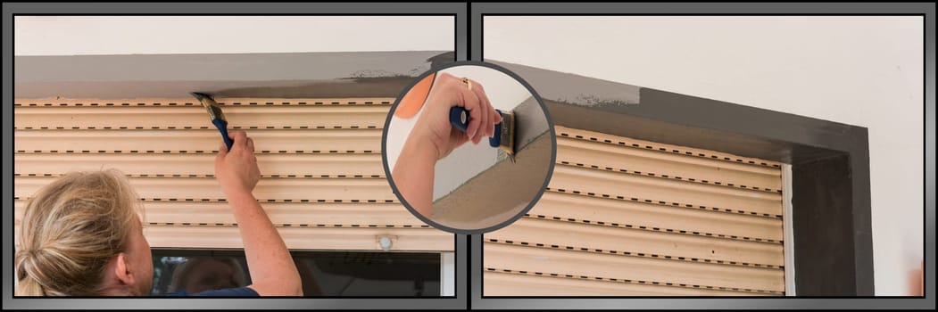 Workflow,renovating a window frame. Work steps displayed in three image sections.