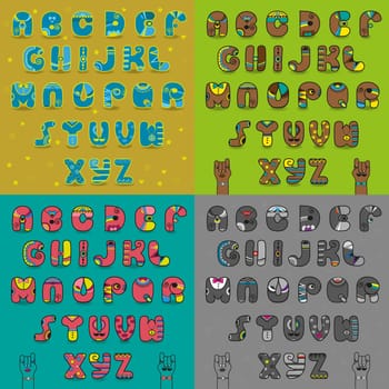 Vintage artistic alphabets. Blue, brown, pink and gray unusual fonts. Cartoon hands looking at each other. illustration