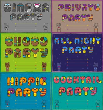 Invitations to party. Vintage artistic font. Cinema party. Private party. Choco party. All night party. Hippie party. Coctail party. Place for custom text. Illustration