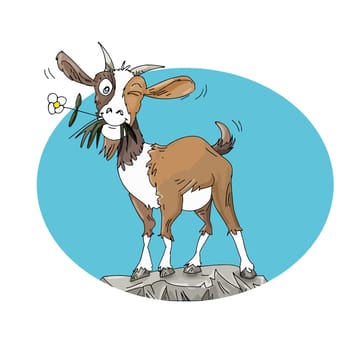 A small goat with a flower in his mouth over a rock