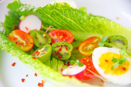Salad of romaine leaves, boiled egg, cherry tomatoes, radishes and baby kiwi fruit with red pepper flakes