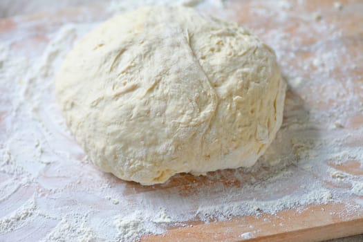 Bread dough kneaded and shaped into a ball for rising on a floured cutting board