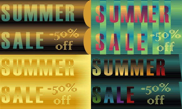 Cards with inscriptions for retail. Striped artistic font. Summer sale. Fifty percents off. illustration