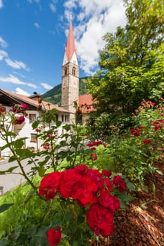 View of the blurred parish church in St. Pankraz in the Ultental / South Tyrol in the summer of 2017 with sharply depicted rose bush in the foreground.