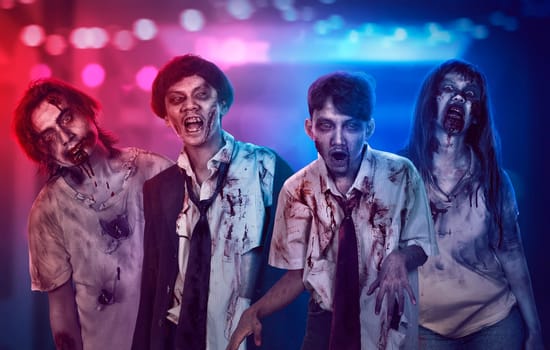 Portrait group of asian bloody zombies with wounded face over blur background
