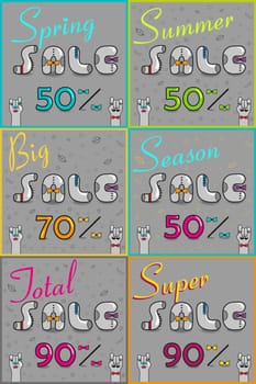 Cards with inscriptions for retail. Vintage font. Spring sale. Big sale. Total sale. Super sale. Gray retro letters with colorful ties. Pink numerals. Cartoon hipster hands. illustration