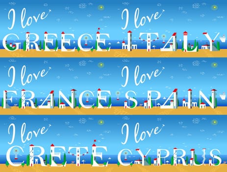 Travel cards. Artistic font. Summer beach. I love Italy. . Greece. Spain. France. Crete. Cyprus. Cute white houses on the coast. Plane in the sky. Illustration