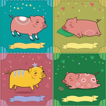 Set of cartoon pigs. Vintage greeting cards. Pigs with skates, pillow, crown and cake. Banners for custom text. illustration.