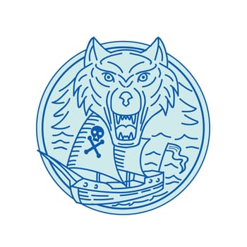 Mono line style illustration of a seawolf and pirate ship viewed from front set inside circle.