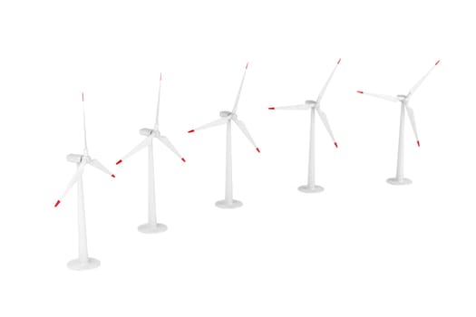 Group of wind turbines generating electricity on white background