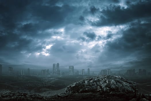 View of modern building with dark mist on the mystic dark city