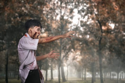 Scary asian zombie man with wounded face walking on the forest