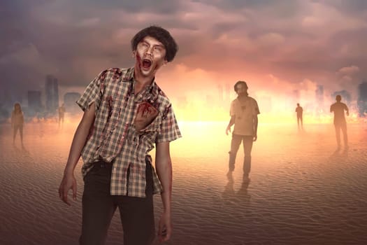 Crowd of aggressive asian zombies with blood walking on the burned city