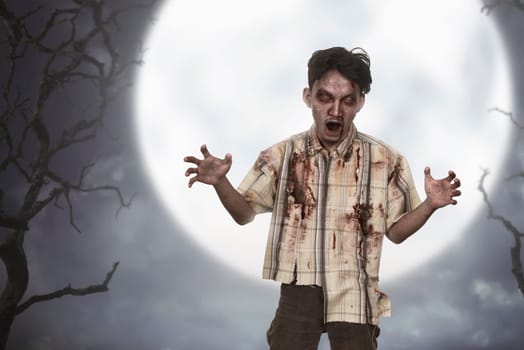 Portrait of asian zombie man with blood standing over full moon background