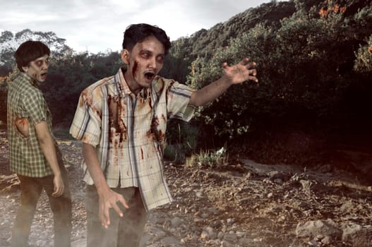 Two asian zombies with wounded face walking outdoors