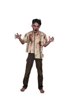 Portrait of asian zombie man with blood standing isolated over white background