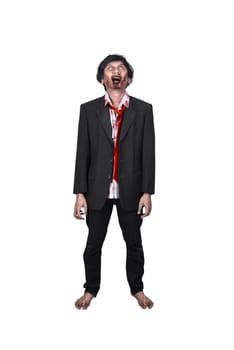 Portrait of creepy asian zombie man in suit standing isolated over white background