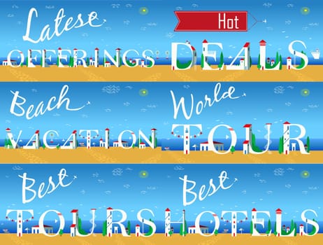 Cards for travel business. Artistic font. Latest offerings. Hot deals. Best vacation. World tour. Best tours. Best hotels. White houses on the summer beach. Plane in the sky. Illustration.