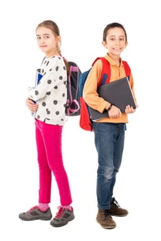 Young couple of students posing isolated in white