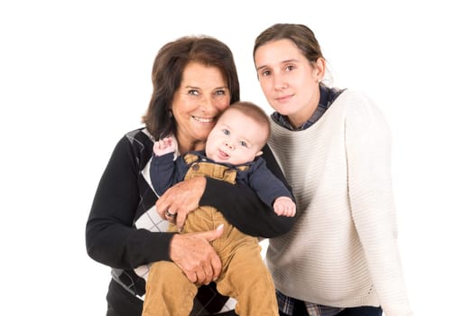 Beautiful family of grandmother, mother and baby isolated in white