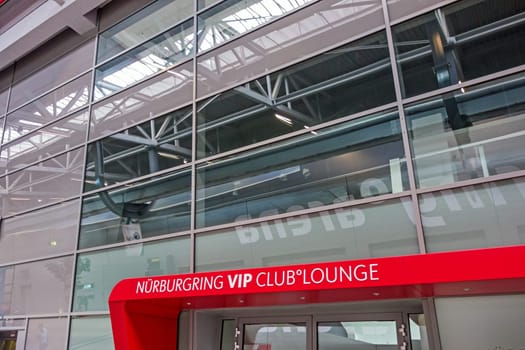 Nurburg, Germany - May 20, 2017: Race track Nurburgring VIP Club Lounge entrance - glass facade