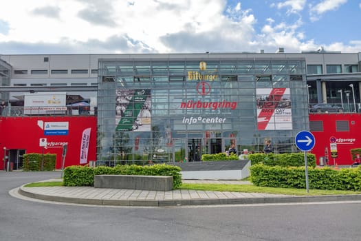 Nurburg, Germany - May 20, 2017: Race track Nurburgring - info center, entrance - modern glass facade building