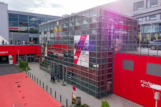 Nurburg, Germany - May 20, 2017: Race track Nurburgring - info center, entrance - modern glass facade building