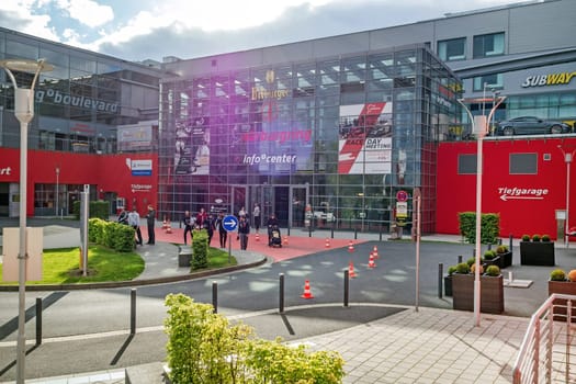 Nurburg, Germany - May 20, 2017: Race track Nurburgring - info center, entrance - modern glass facade building