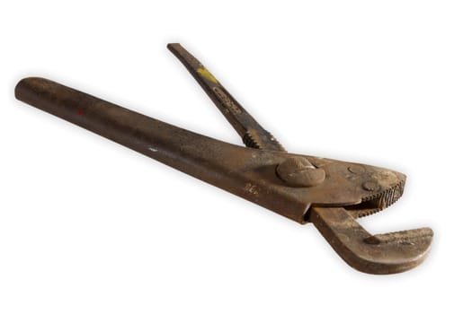Old pipe pliers exposed on white background