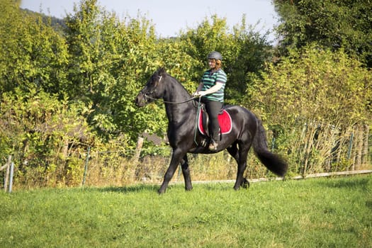 Young rider with her Frisian horse in summer in nature