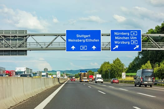 Weinsberg, Germany - June 28, 2017: Highway A6 / A81(Autobahn) near town Weinsberg, interchange "Kreuz Weinsberg"" - direction Stuttgart / Weinsberg - Nurnberg / Munich / Wurzburg"