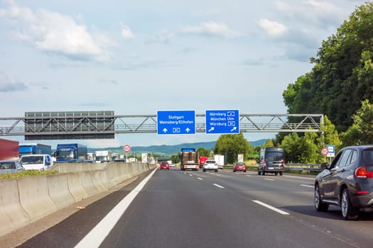 Weinsberg, Germany - June 28, 2017: Highway A6 / A81(Autobahn) near town Weinsberg, interchange "Kreuz Weinsberg"" - direction Stuttgart / Weinsberg - Nurnberg / Munich / Wurzburg"