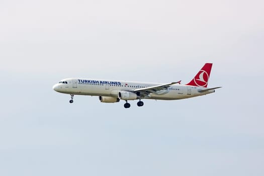 Stuttgart, Germany - May 06, 2017: Turkish Airlines Airbus A321 airplane during landing at airport Stuttgart