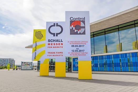 Leinfelden-Echterdingen, Germany - May 06, 2017: Trade fair Stuttgart, entrance east (Eingang Ost) - advertisement for International leading trade fair for quality management "Control""."