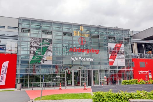 Nurburg, Germany - May 20, 2017: Race track Nurburgring - info center, entrance - modern glass facade building