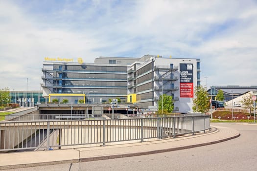 Stuttgart, Germany - May 06, 2017: Trade fair Stuttgart - main building with logo