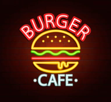 Neon sign of burger cafe, bright signboard, light banner. Burger cafe logo, emblem and symbol. Vector illustration.