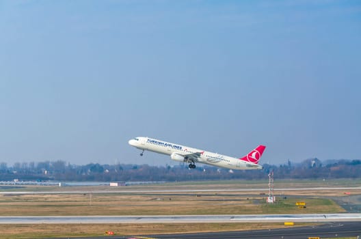 Dusseldorf, NRW, Germany - March 18, 2015: Airbus A321 of Turkish Airlines at startup on the Dusseldorf airport.
