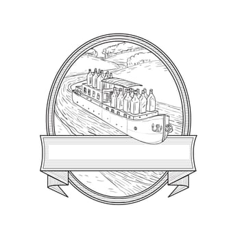 Illustration of Gin Bottles riding on a Barge River boat traveling on creek stream set inside Oval done in black and white  Line Drawing style.