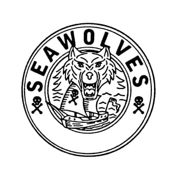 Illustration of a Sea Wolf head with Pirate Sailing Ship in background set inside Circle with words "SeaWolves"" done in Line Drawing style."