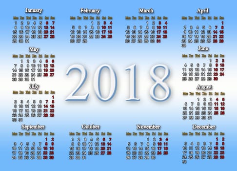 calendar for 2018 on the white and light blue gradient background