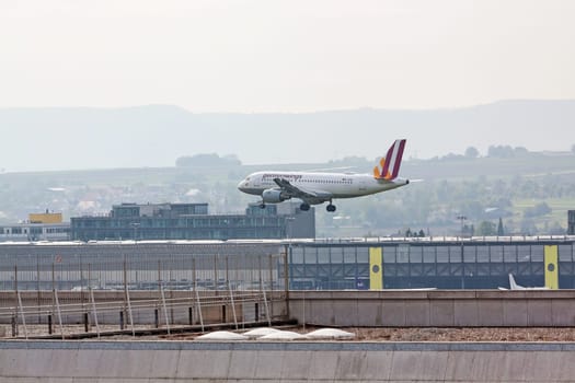 Stuttgart, Germany - May 06, 2017: Germanwings Airbus A319 airplane during landing at airport Stuttgart, Germany