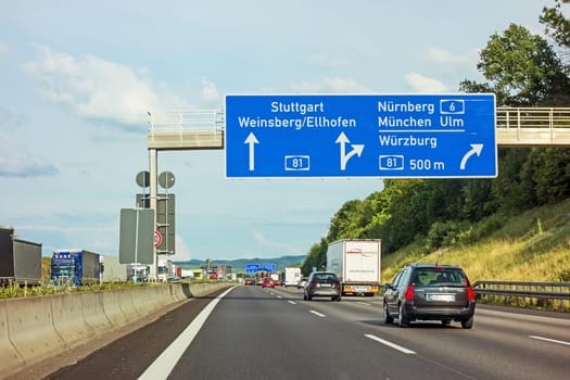 Weinsberg, Germany - June 28, 2017: Highway A6 / A81(Autobahn) near town Weinsberg, interchange "Kreuz Weinsberg"" - direction Stuttgart / Weinsberg - Nurnberg / Munich / Wurzburg"