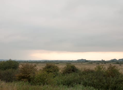 sun setting in the distance over a field and trees greenery  England  UK