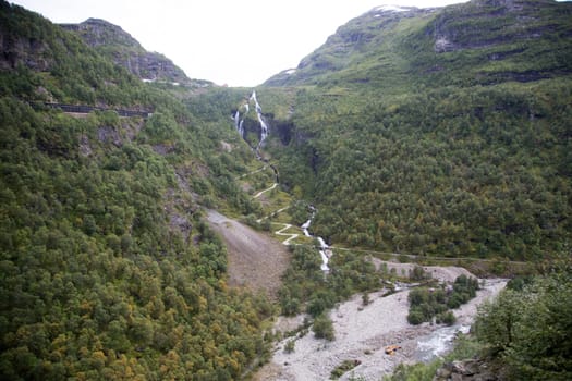 Varied landscape during the train trip of the Flamsbana way from Flam to Myrdal, Norway.