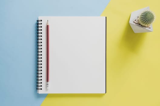 Office workplace minimal concept. Blank notebook, cactus, pencil on yellow and blue background. Top view with copy space, flat lay. Pastel color filter.