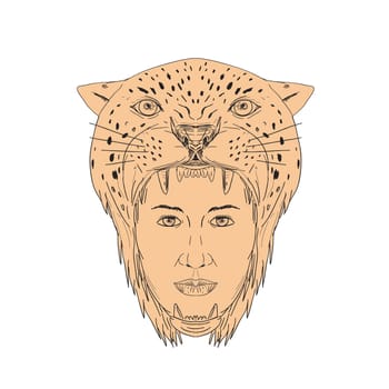 Illustration of a Female Aztec Warrior wearing Jaguar head Headdress viewed from front done in hand drawn sketch Drawing style.