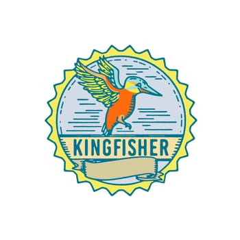 Illustration of a Kingfisher flying viewed from Side with scroll set inside Rosette shape and word text "Kingfisher"" done in Retro style."