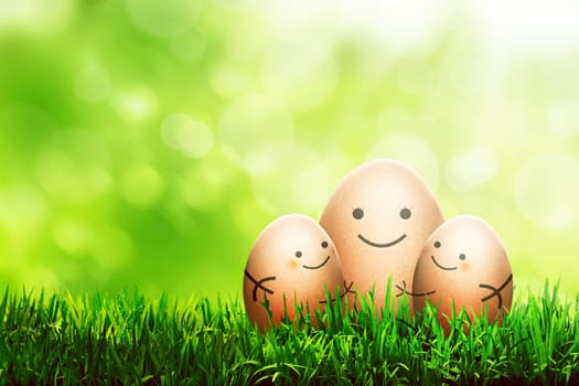 Three easter eggs with smile drawing put on the grass