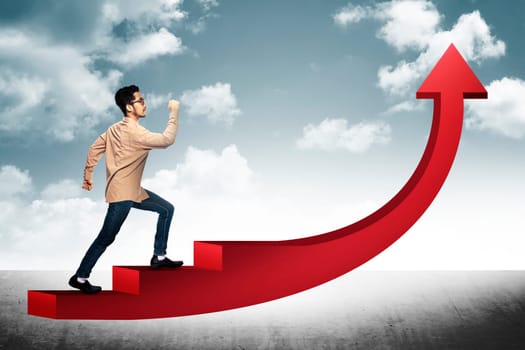 Conceptual Image. Business man step on stair with red arrow shape going up